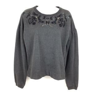 MAEVE ANTHROPOLOGIE Crew Neck Cotton Blend Charcoal Grey Beaded Sweater